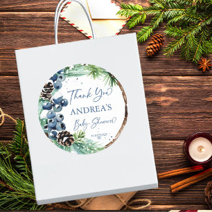 Winter baby shower besneeuwde dennen krans gunst ronde sticker