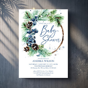 Winter baby shower besneeuwde dennen krans stoffig kaart