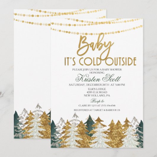 Winter Baby shower Glitter Tree Invitation Kaart (Voorkant / Achterkant)