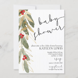 Winter Baby shower Invitation Gold Holly Kaart