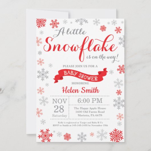 Winter Baby shower Invitation Red Snowflake Kaart (Voorkant)