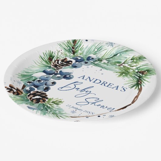 Winter baby shower pines wreath monogrammed papieren bordje (Gekanteld)