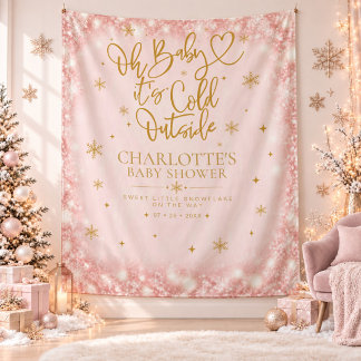 Winter Baby Shower Roze Sneeuwvlok Achtergrond Wandkleed