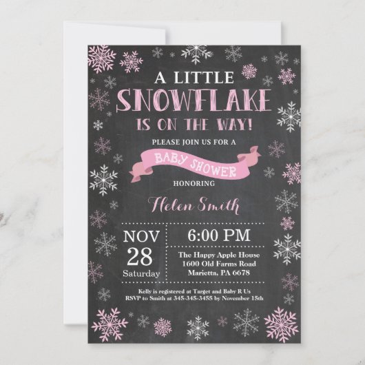 Winter Baby shower Roze Snowflake Chalkboard Kaart (Voorkant)