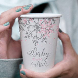 Winter Baby Shower Roze Zilveren Sneeuwvlokken Papieren Bekers