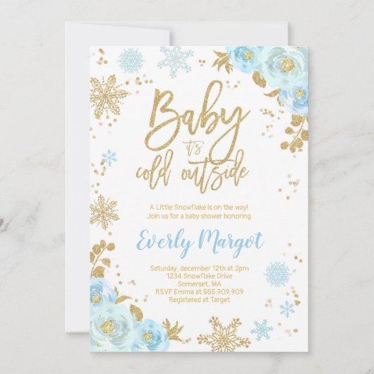 Winter Baby shower uitnodiging blauw en goud (Voorkant)