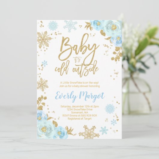 Winter Baby shower uitnodiging blauw en goud (Staand voorkant)