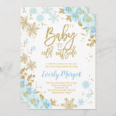 Winter Baby shower uitnodiging blauw en goud (Voorkant / Achterkant)