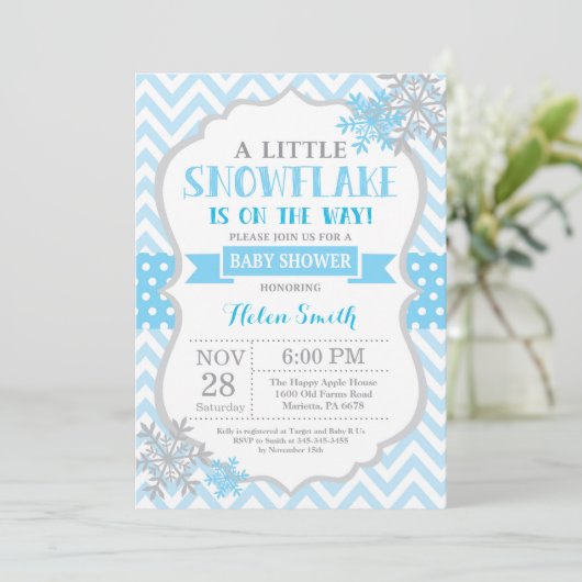 Winter Baby shower Uitnodiging Blauwe Snowflake (Staand voorkant)