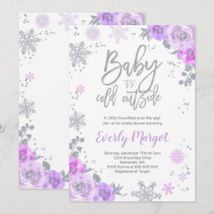Winter Baby shower Uitnodiging Paars en zilver