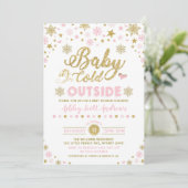 Winter Baby shower Uitnodiging roze goudsneeuwvlok (Staand voorkant)