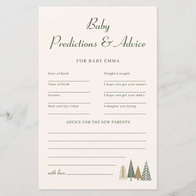 Winter Baby shower voorspellingen en advies spel (Voorkant)