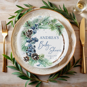 Winter babyshower dennenkrans met monogram papieren bordje