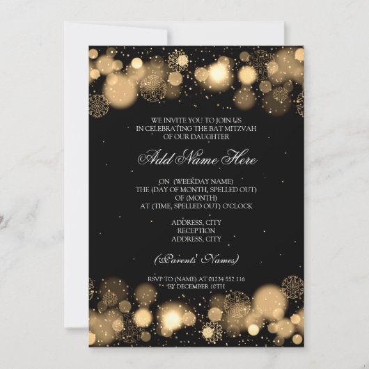 Winter Bat Mitzvah Gold Snowflakes Lights Kaart (Voorkant)
