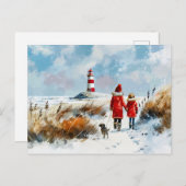 Winter Beach Walk met hond naar vuurtoren Feestdagenkaart (Voorkant / Achterkant)