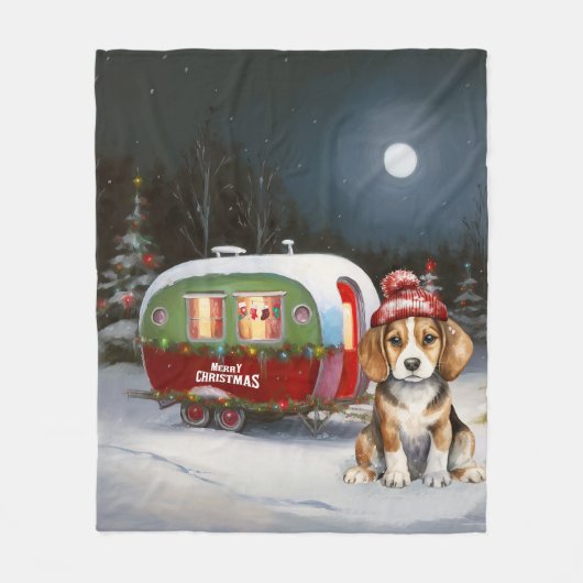 Winter Beagle Caravan Kerstavontuur Fleece Deken (Voorkant)