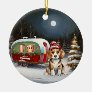 Winter Beagle Caravan Kerstavontuur Keramisch Ornament