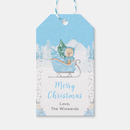 Winter Bear Blue Sleigh Merry Christmas Cadeaulabel (Voorkant)