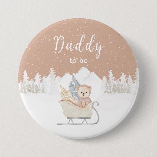 Winter Bear Brown Sleigh Daddy To Be Ronde Button 7,6 Cm (Voorkant)
