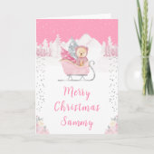 Winter Bear Pink Sleigh Merry Christmas Feestdagen Kaart (Voorkant)