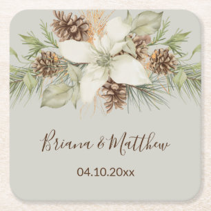 Winter Beige Elegant Script Bruiloft Vierkante Kartonnen Onderzetter