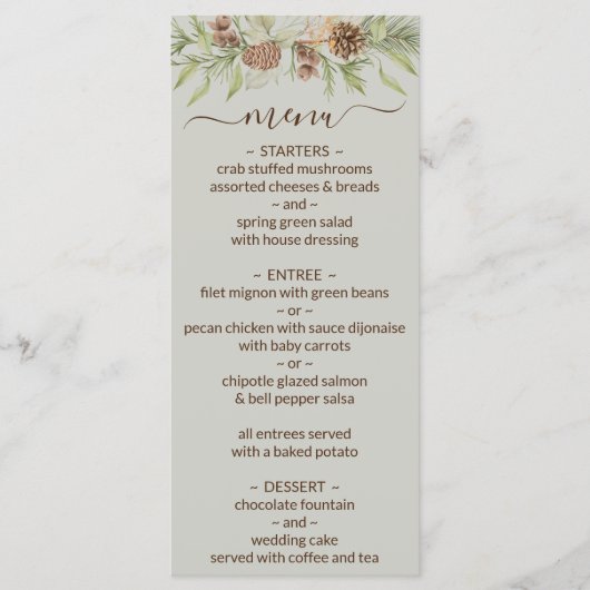 Winter Beige Elegant Script Trouwmenu Menu (Voorkant)