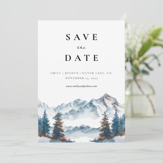 Winter Bergen Pijnboom Bruiloft Save The Date (Staand voorkant)