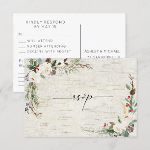 Winter Berken Kalligrafie Botanicals Bruiloft RSVP Kaart
