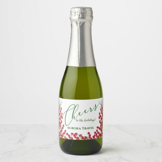 Winter Berries en Greens Kerstmis Cheer Mini Sparkling Wijnetiket (Voorkant)