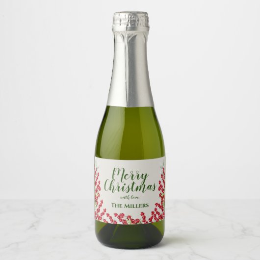 Winter Berries en Greens Kerstmis Mini Sparkling Wijnetiket (Voorkant)