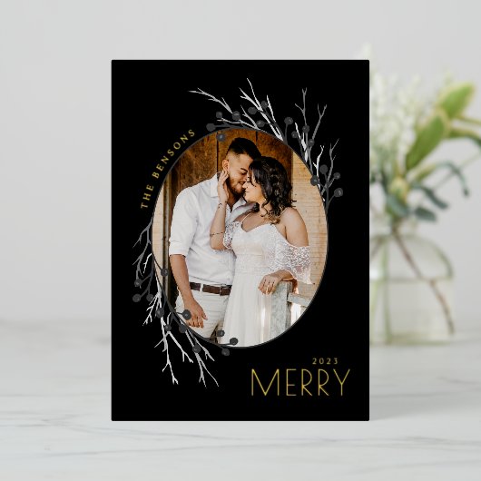 Winter Berries Merry Branches Grey Black Real Folie Feestdagenkaart (Staand Voorkant)