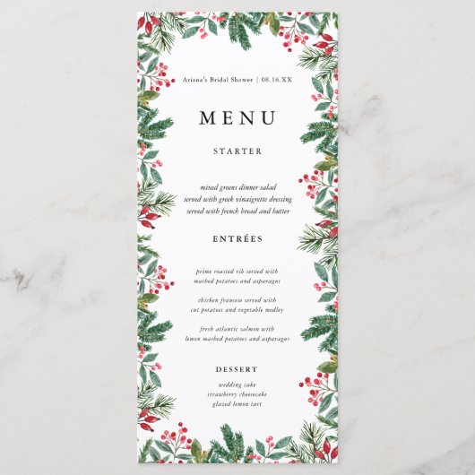 Winter Berries Pine Cone Greenery Wedding Menu (Voorkant)