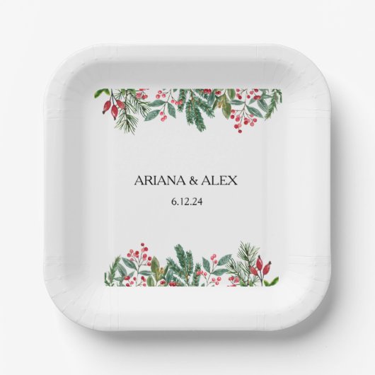 Winter Berries Pine Cone Greenery Wedding Papieren Bordje (Voorkant)