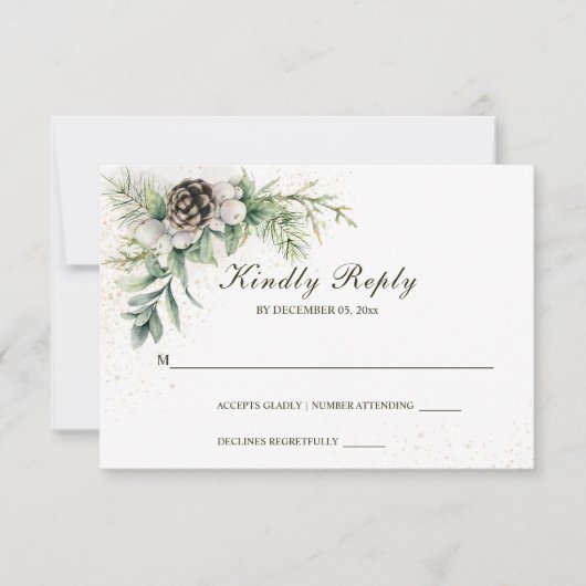Winter Berries Pine Greenery Wedding RSVP Kaartje (Voorkant)