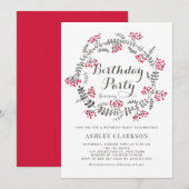 Winter Berries Wreath Birthday Party Invitation Kaart (Voorkant / Achterkant)