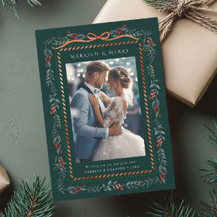 Winter Berry Frame Getrouwd & Vrolijk Foto Groen Feestdagenkaart