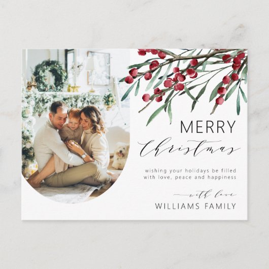 Winter Berry Script Kerst een foto boog Feestdagenkaart (Voorkant)