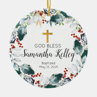Winter Berry Wreath Personalized Girl Baptism Keramisch Ornament