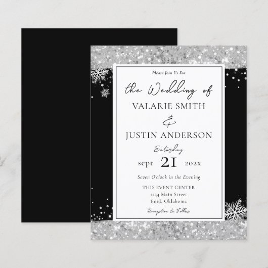 Winter Black en Silver Glitter Wedding Invitation (Voorkant / Achterkant)