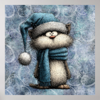 Winter Blau Kerstmis Kat Met Hoed En Sjaal Poster