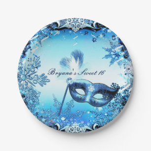 Winter Blau Masker & Sneeuwvlokken Elegant Papieren Bordje