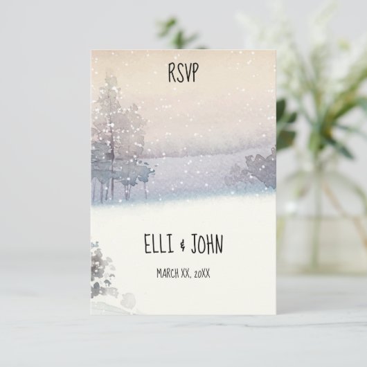 Winter blauw en wit bruiloft RSVP kaartje (Staand voorkant)