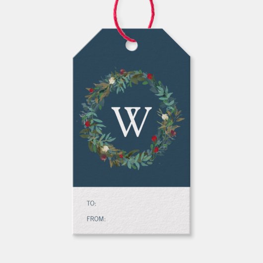 Winter Blauw Vakantie Krans Monogram Gift Label Cadeaulabel (Voorkant)