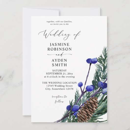 Winter Blauwe bessen en Pine Greenery Wedding Kaart (Voorkant)