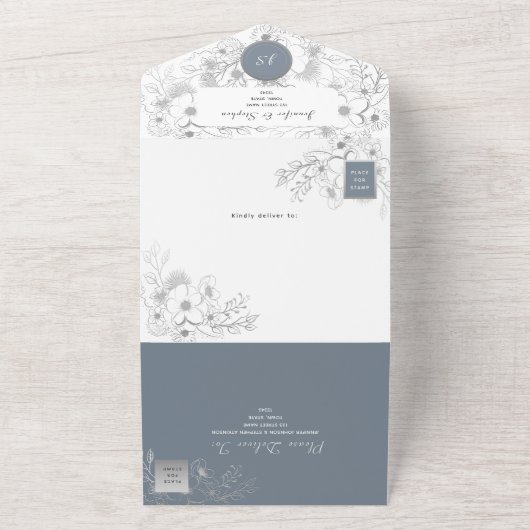 Winter Blauwe Bloemen bruiloft All In One Uitnodiging (Buitenkant)