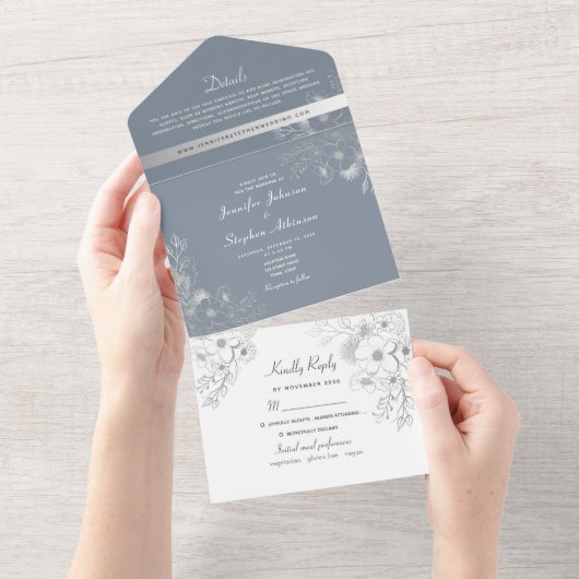 Winter Blauwe Bloemen bruiloft All In One Uitnodiging (Afscheurbaar)