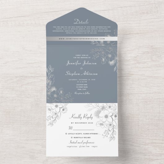 Winter Blauwe Bloemen bruiloft All In One Uitnodiging (Binnen)