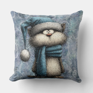 Winter Blauwe Kerstkat Met Hoed En Sjaal Kussen