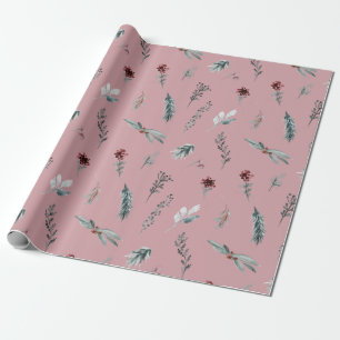 Winter Blauwe Spar & Gewarmde Bessen Stof Roze Cadeaupapier