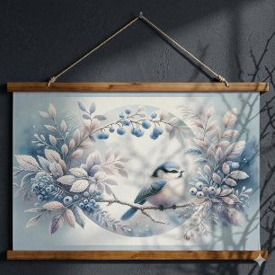 Winter Blauwe Vogel Beskrans Hangend Wandkleed